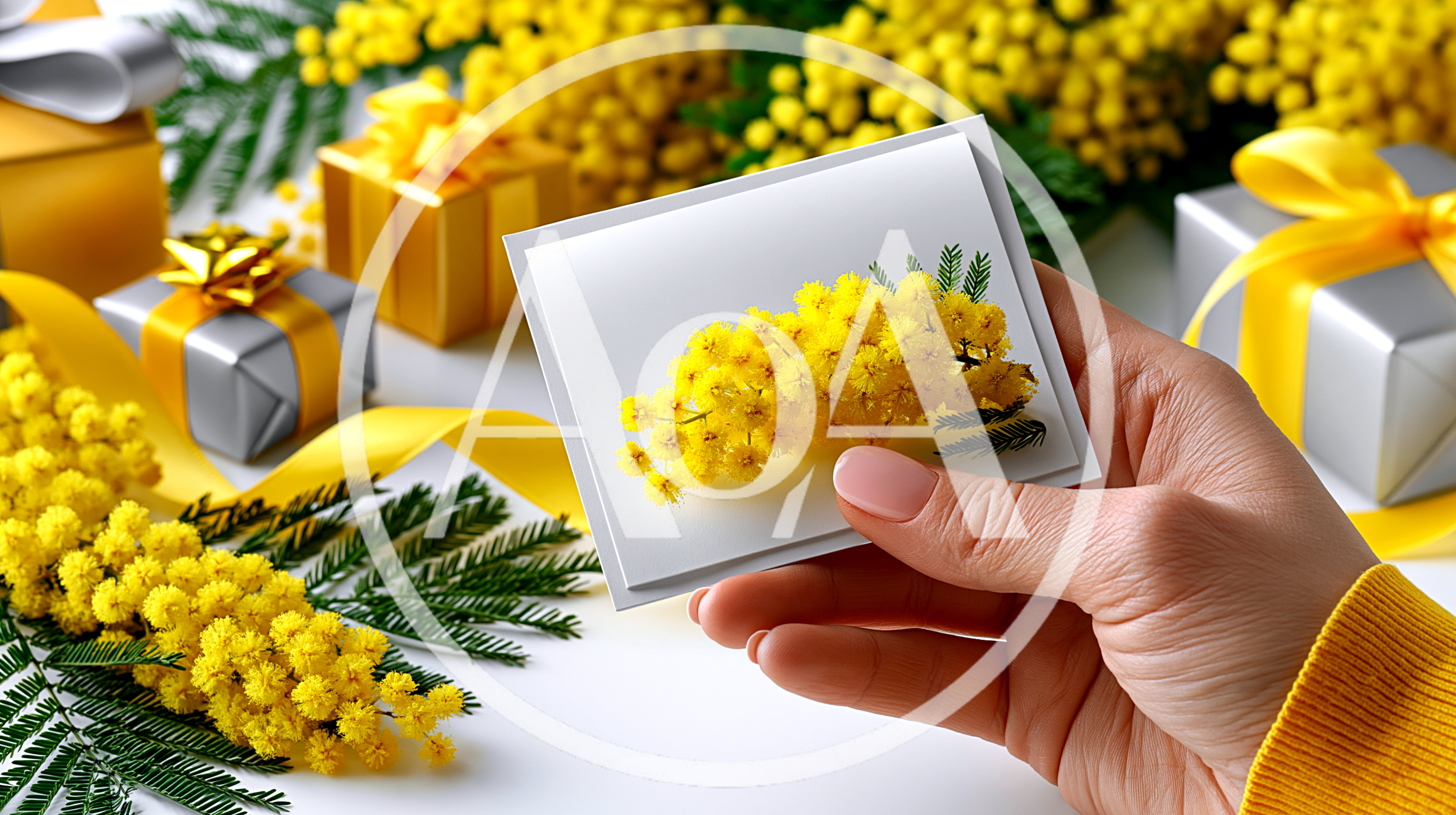 Hand Holding Greeting Card With Mimosa Flowers