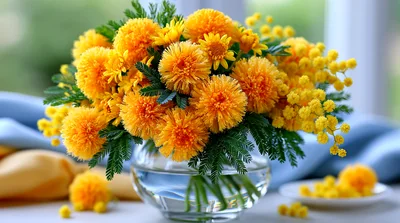 Yellow Mimosa Flowers In A Glass Vase