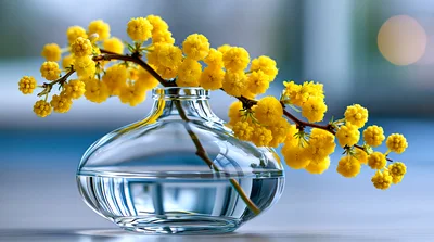 Yellow Mimosa Flowers In A Glass Vase