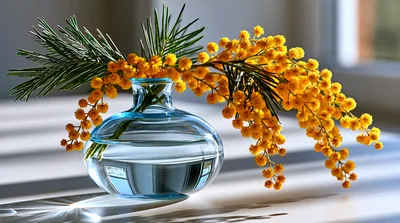 Mimosa Flowers In A Glass Vase