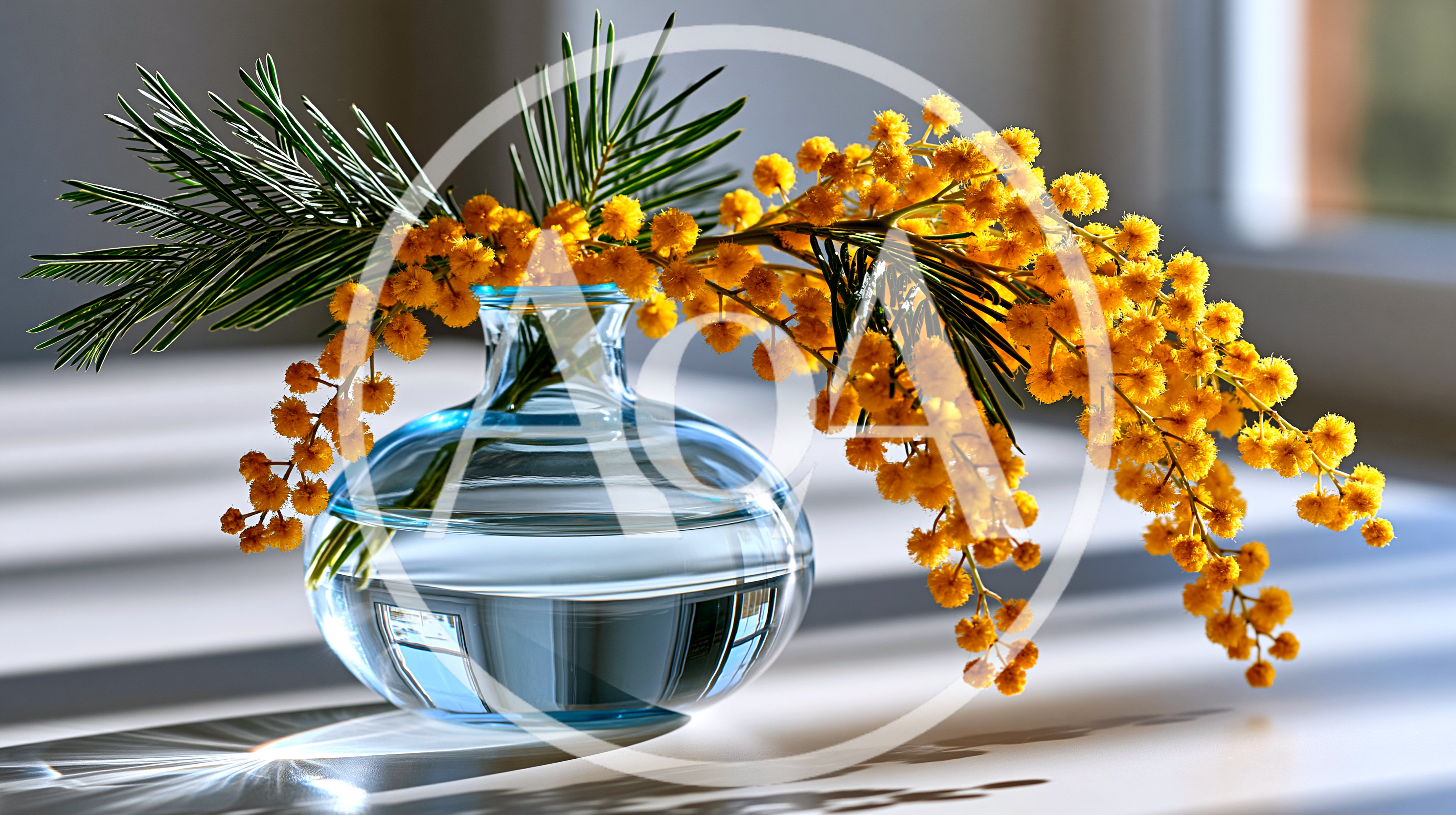 Mimosa Flowers In A Glass Vase
