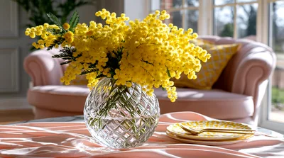Mimosa Flowers In A Crystal Vase On A Table