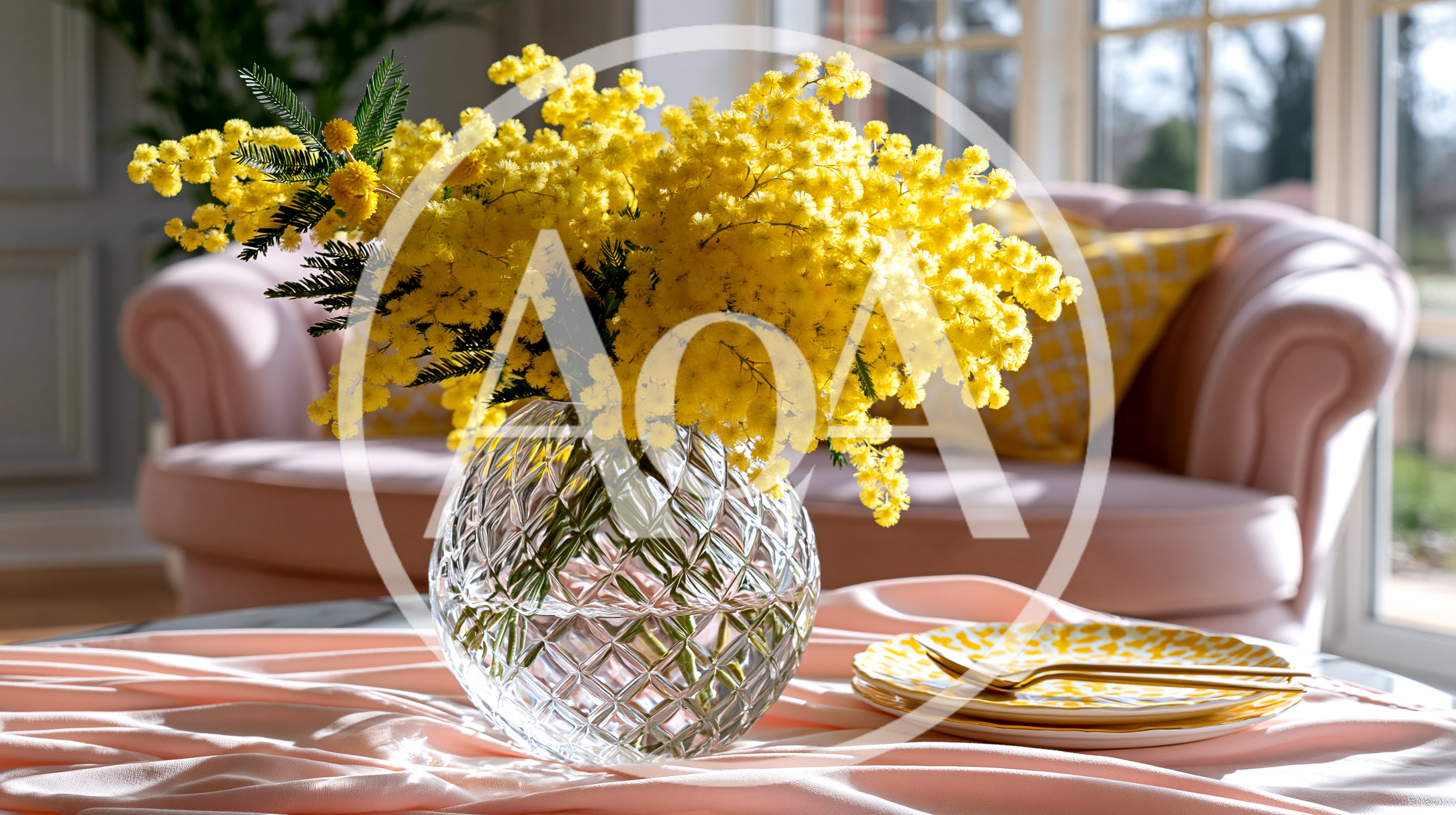 Mimosa Flowers In A Crystal Vase On A Table