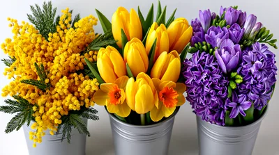 Three Metal Buckets Filled With Spring Flowers