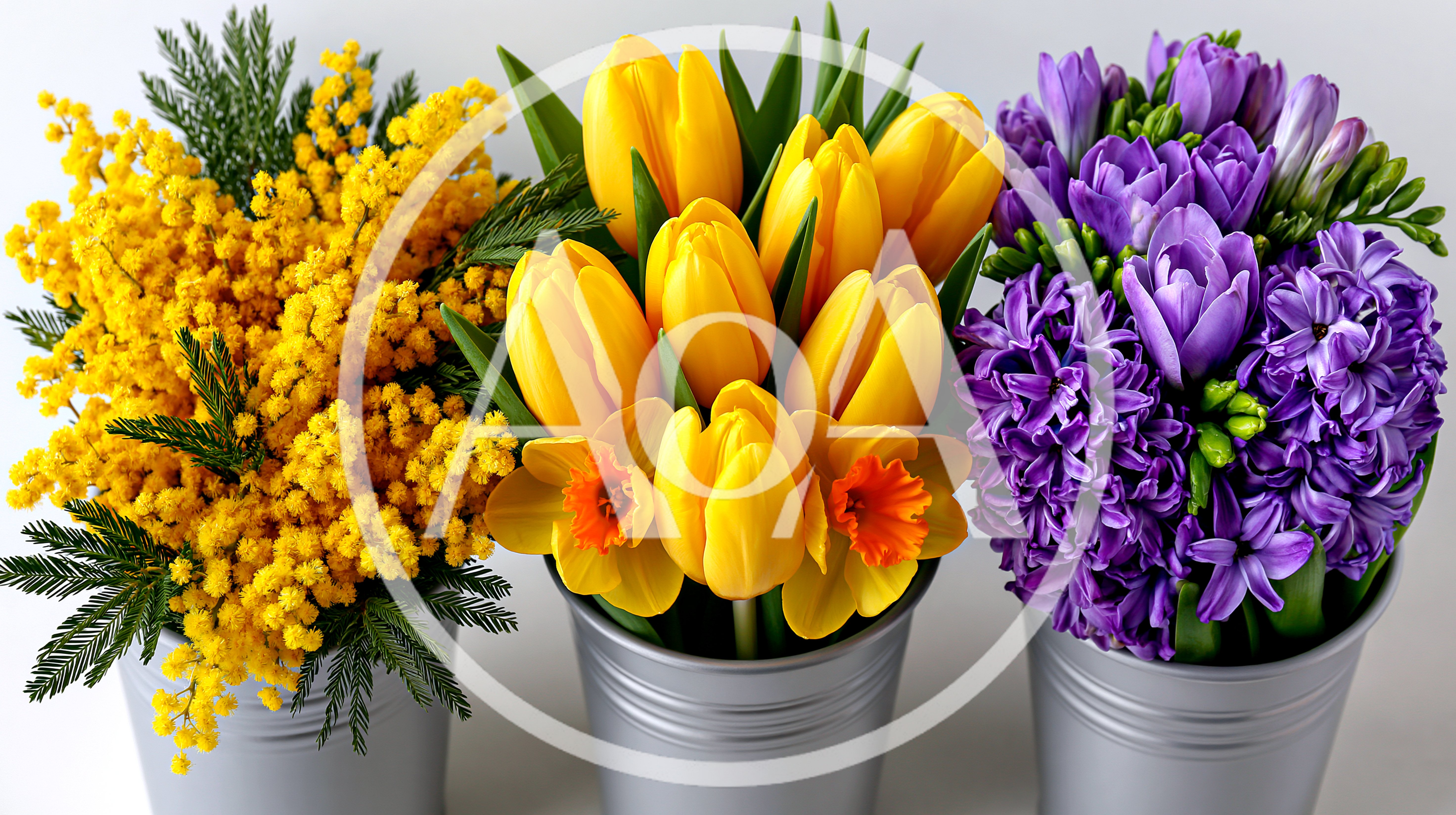 Three Metal Buckets Filled With Spring Flowers