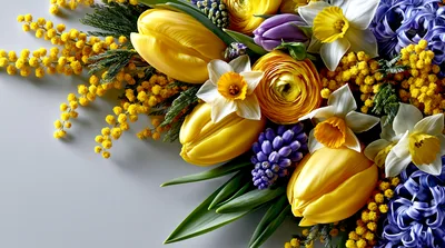 Spring Floral Arrangement With Yellow Tulips And Daffodils