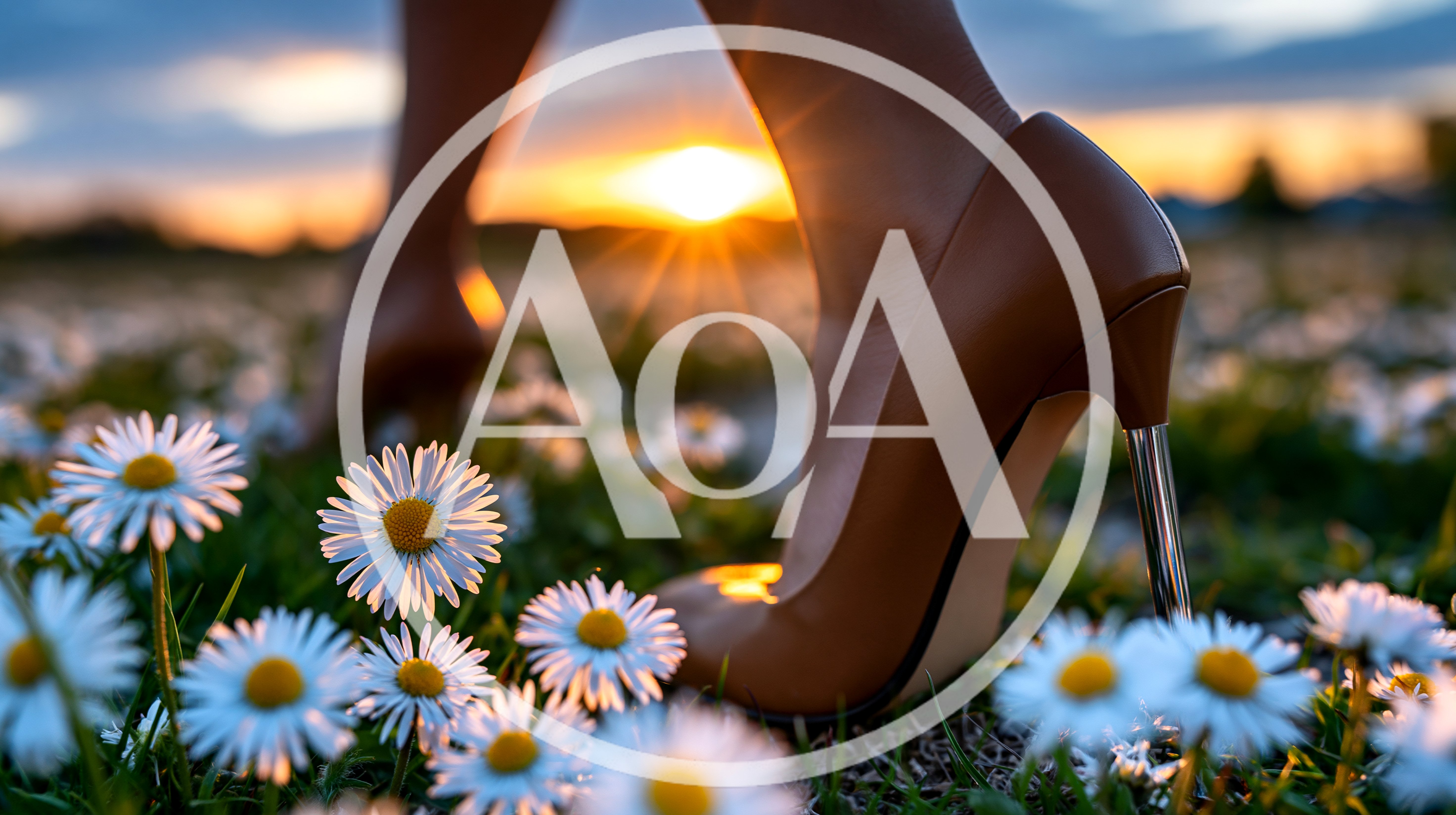 Woman Walking In High Heels Through A Daisy Field