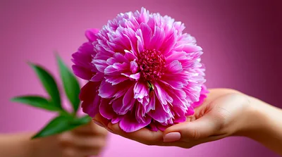 Hand Holding A Vibrant Pink Peony Flower