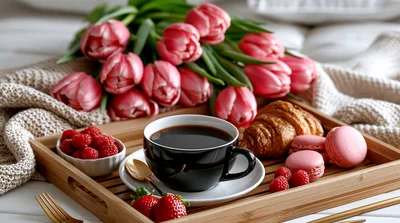 Breakfast Tray With Coffee Croissant And Pink Tulips