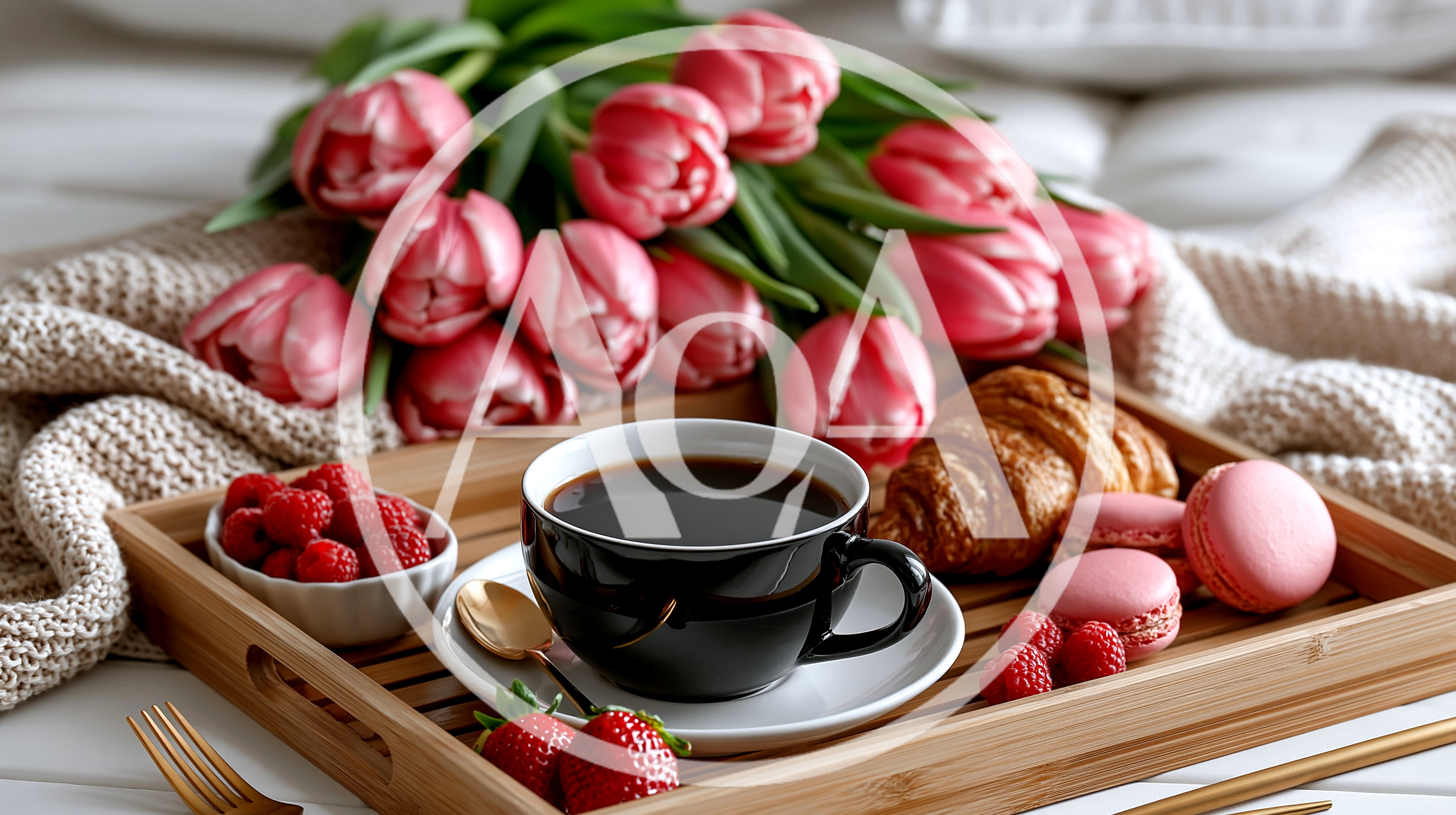 Breakfast Tray With Coffee Croissant And Pink Tulips