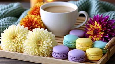 Coffee Cup With Colorful Macarons And Flowers On A Tray