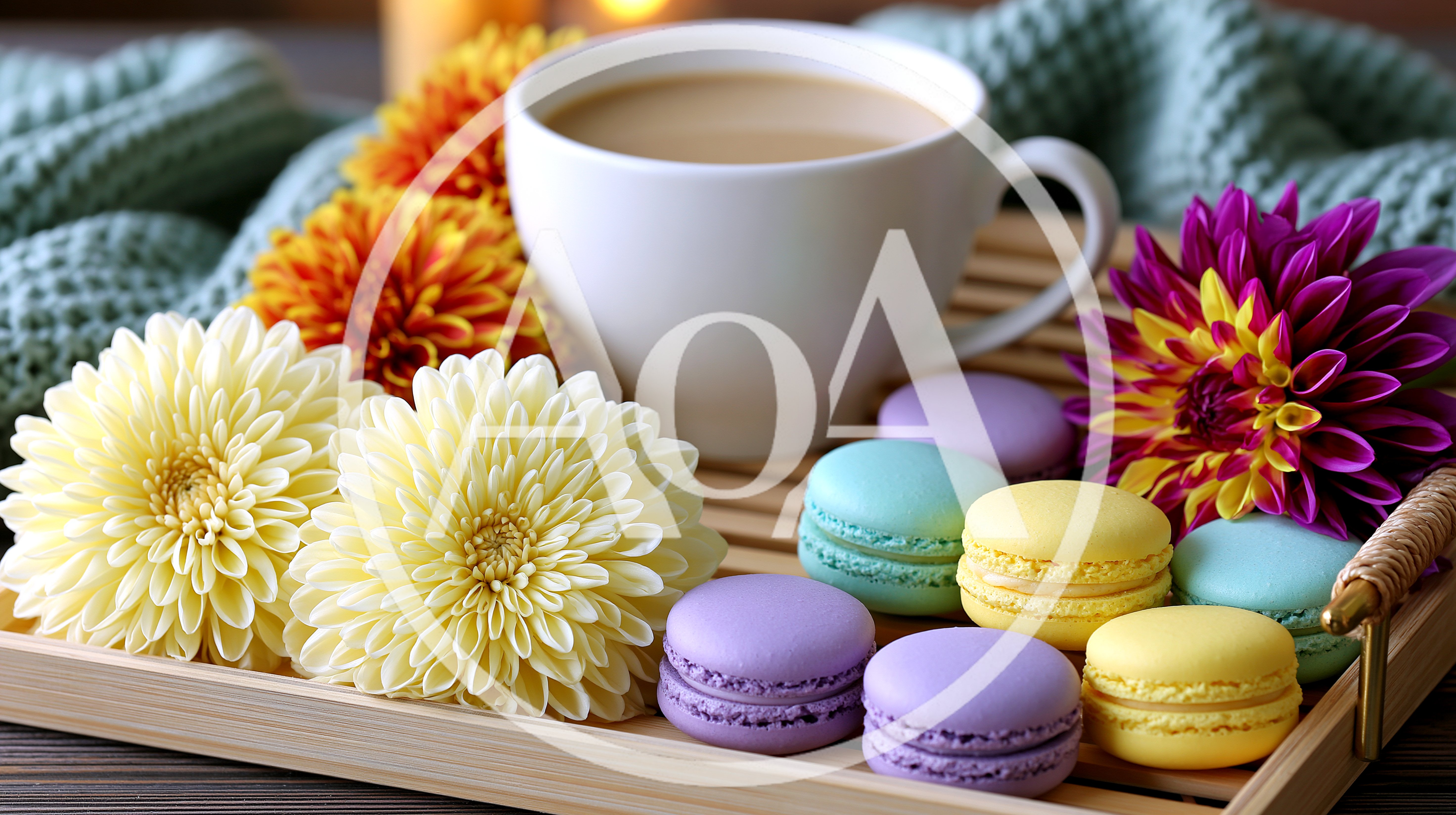 Coffee Cup With Colorful Macarons And Flowers On A Tray
