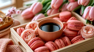 Coffee Cup With Pink Macarons And Tulips