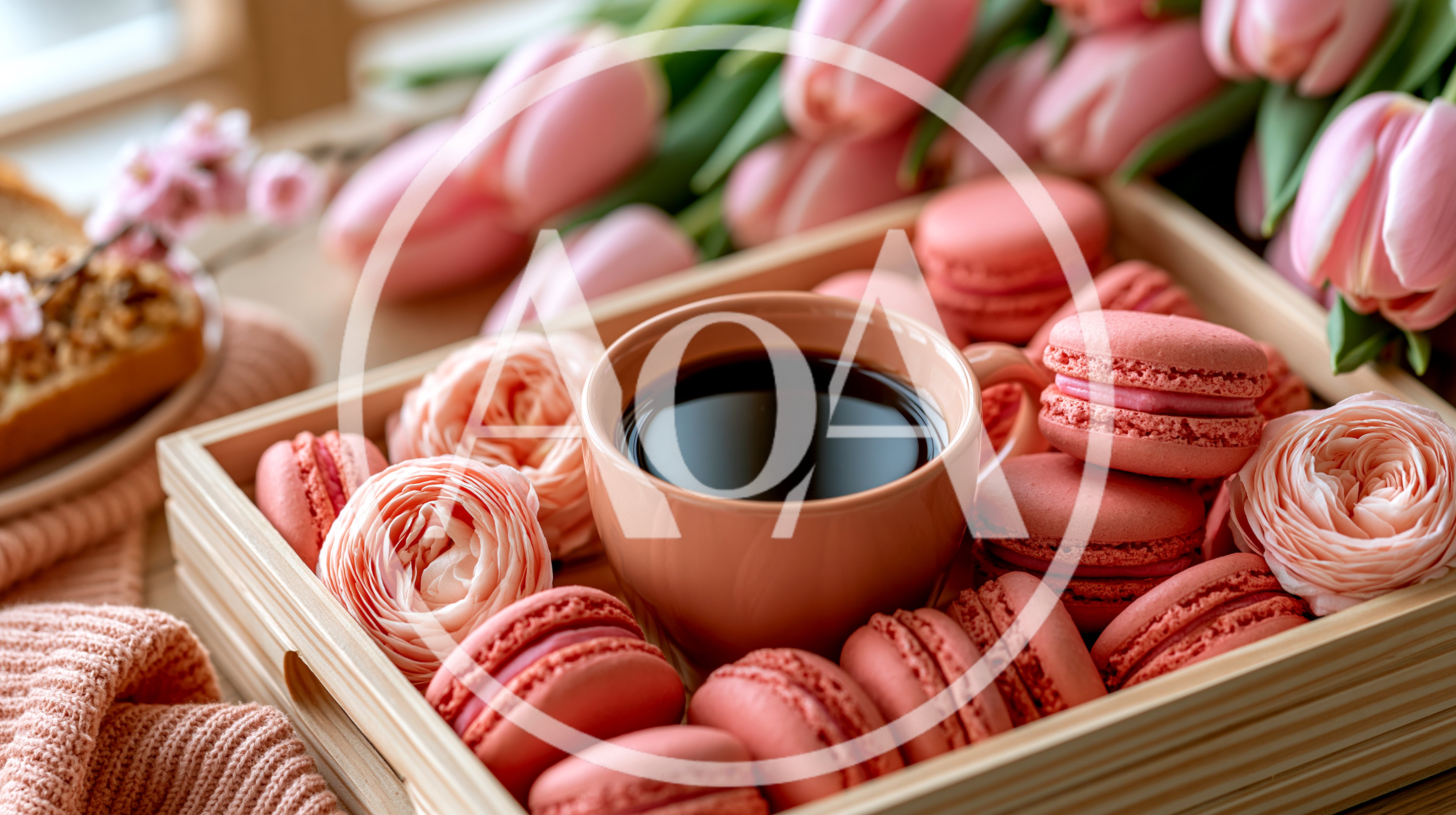 Coffee Cup With Pink Macarons And Tulips