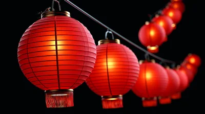 Glowing Red Chinese Lanterns Hanging In A Row