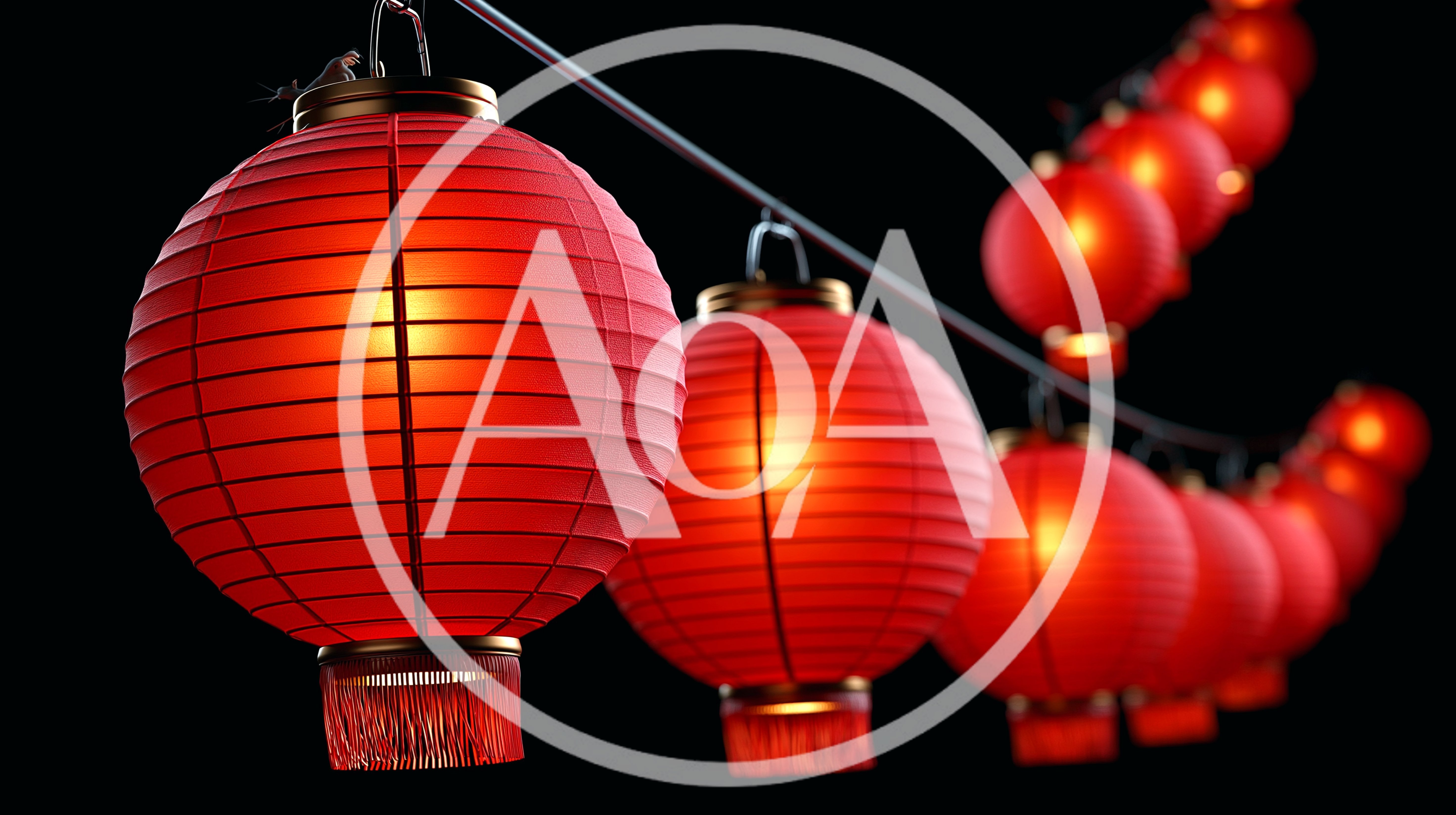 Glowing Red Chinese Lanterns Hanging In A Row