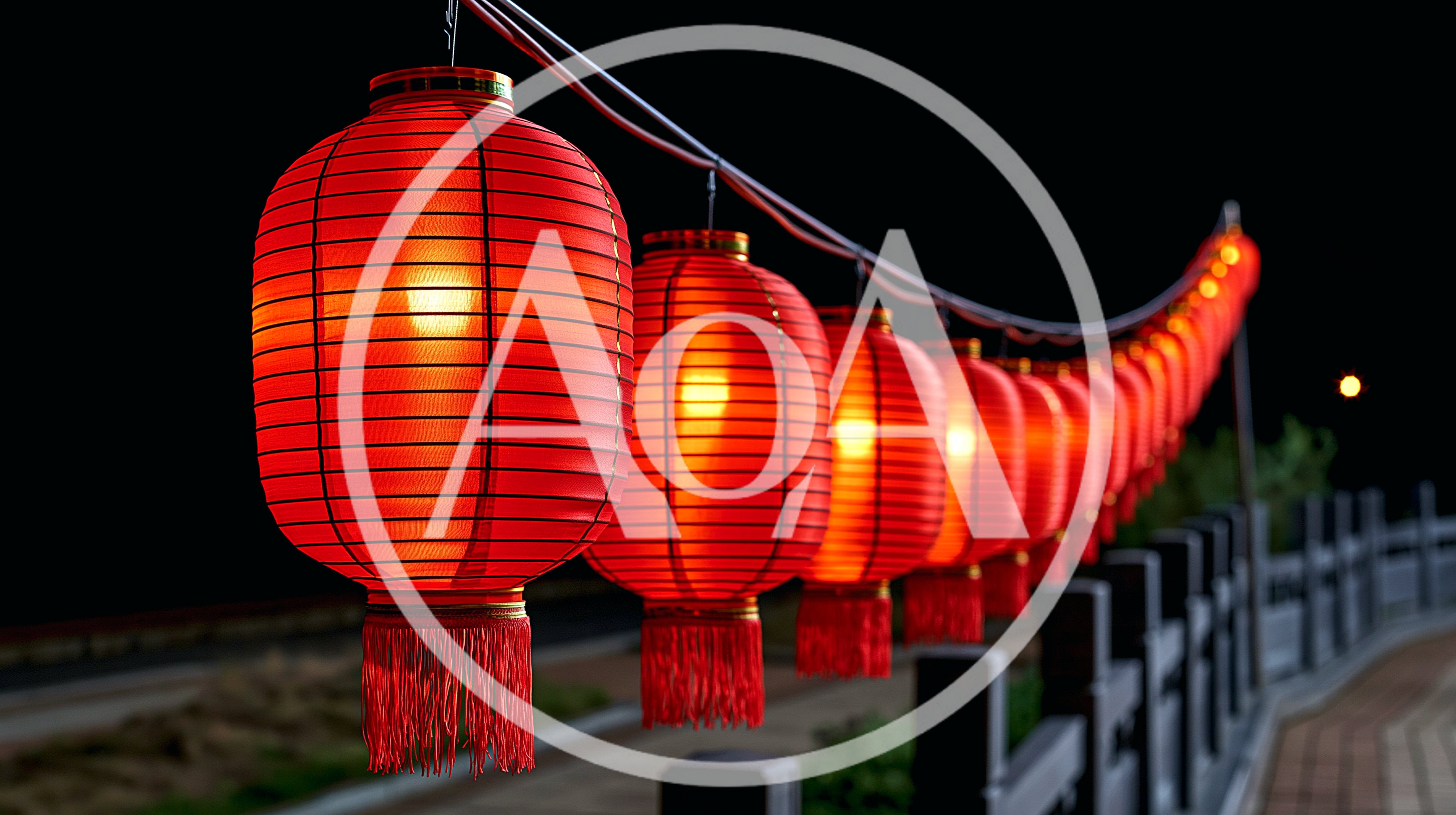 Row of Traditional Red Chinese Lanterns at Night