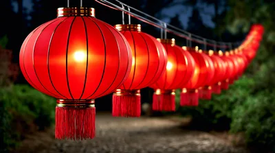 Row Of Glowing Red Chinese Lanterns At Night