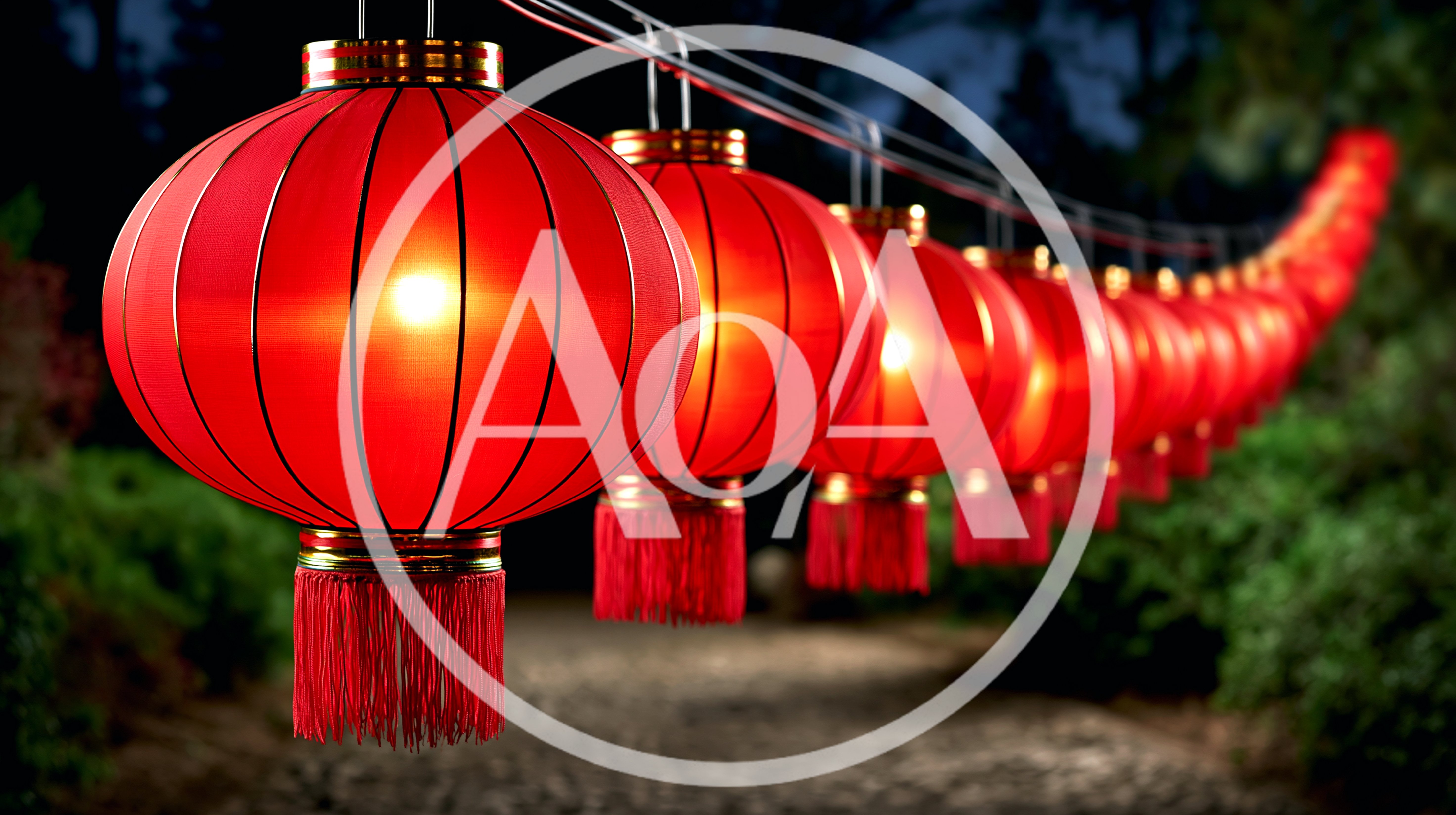 Row Of Glowing Red Chinese Lanterns At Night