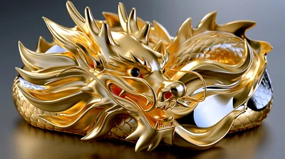 Golden Chinese Dragon Sculpture On Reflective Surface
