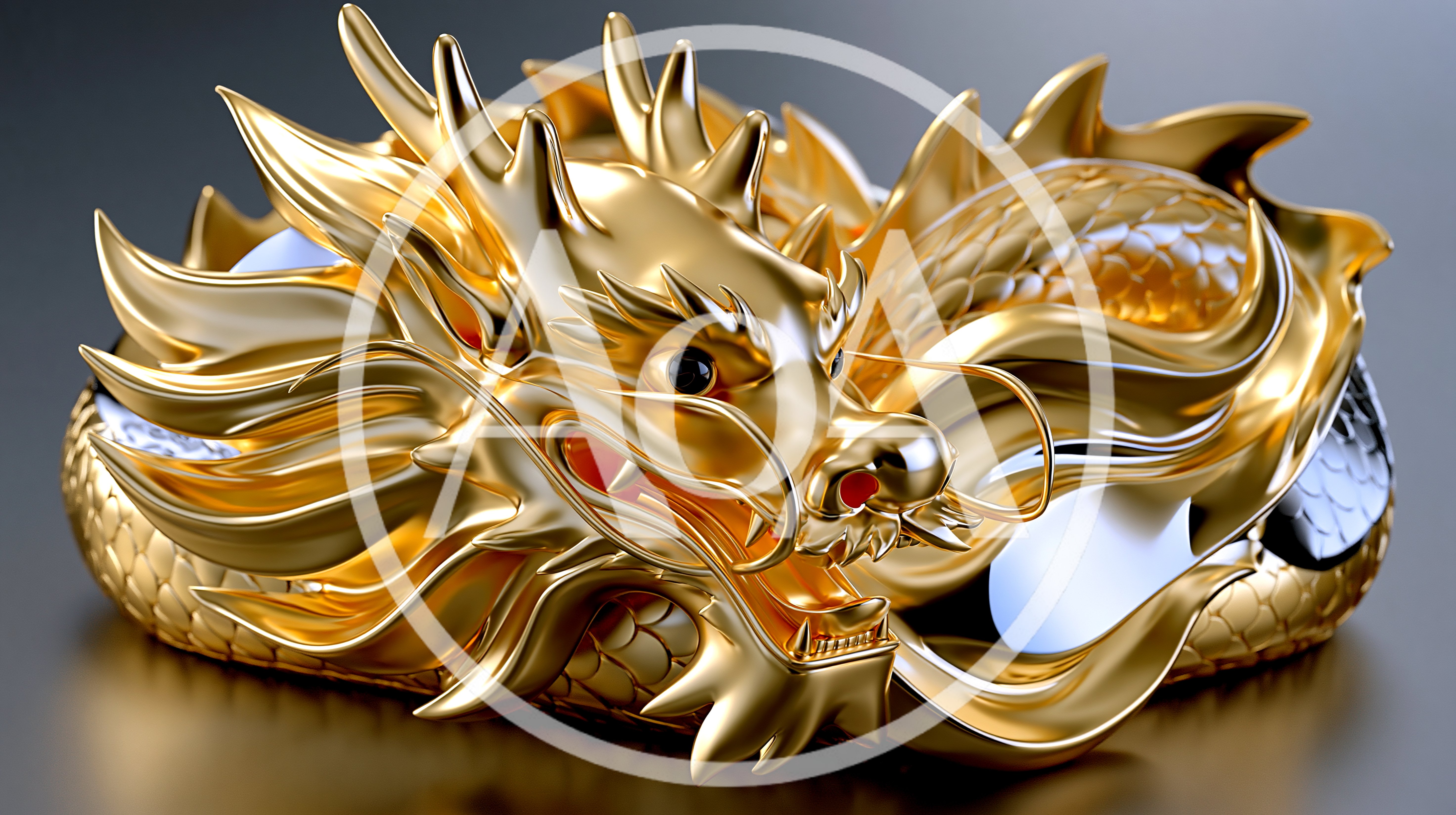 Golden Chinese Dragon Sculpture On Reflective Surface