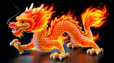Fiery Chinese Dragon Illustration On Black Background