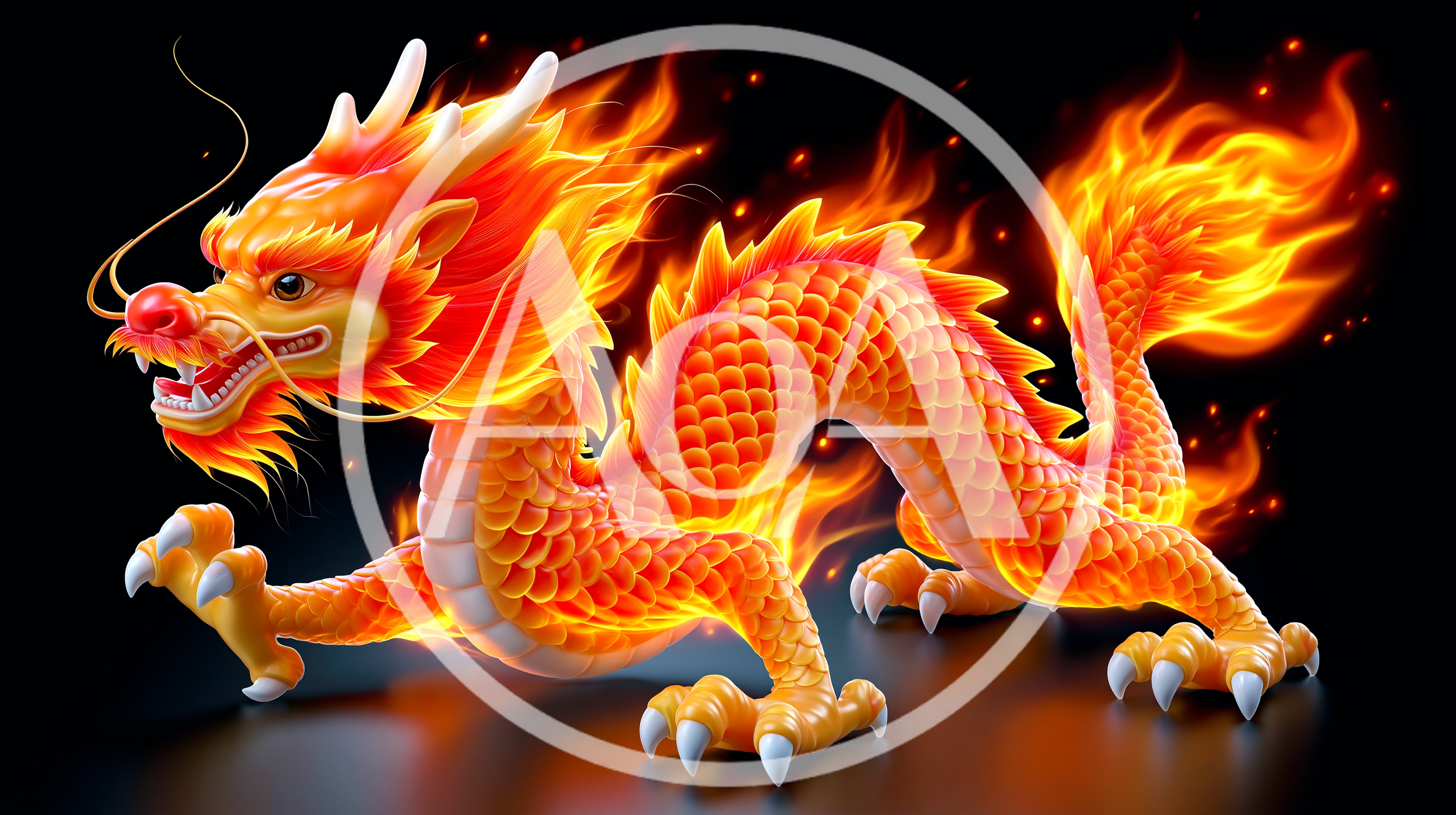 Fiery Chinese Dragon Illustration On Black Background