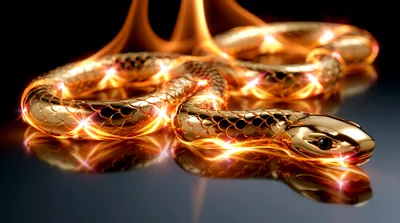 Golden Snake Coiled With Glowing Fire Effects
