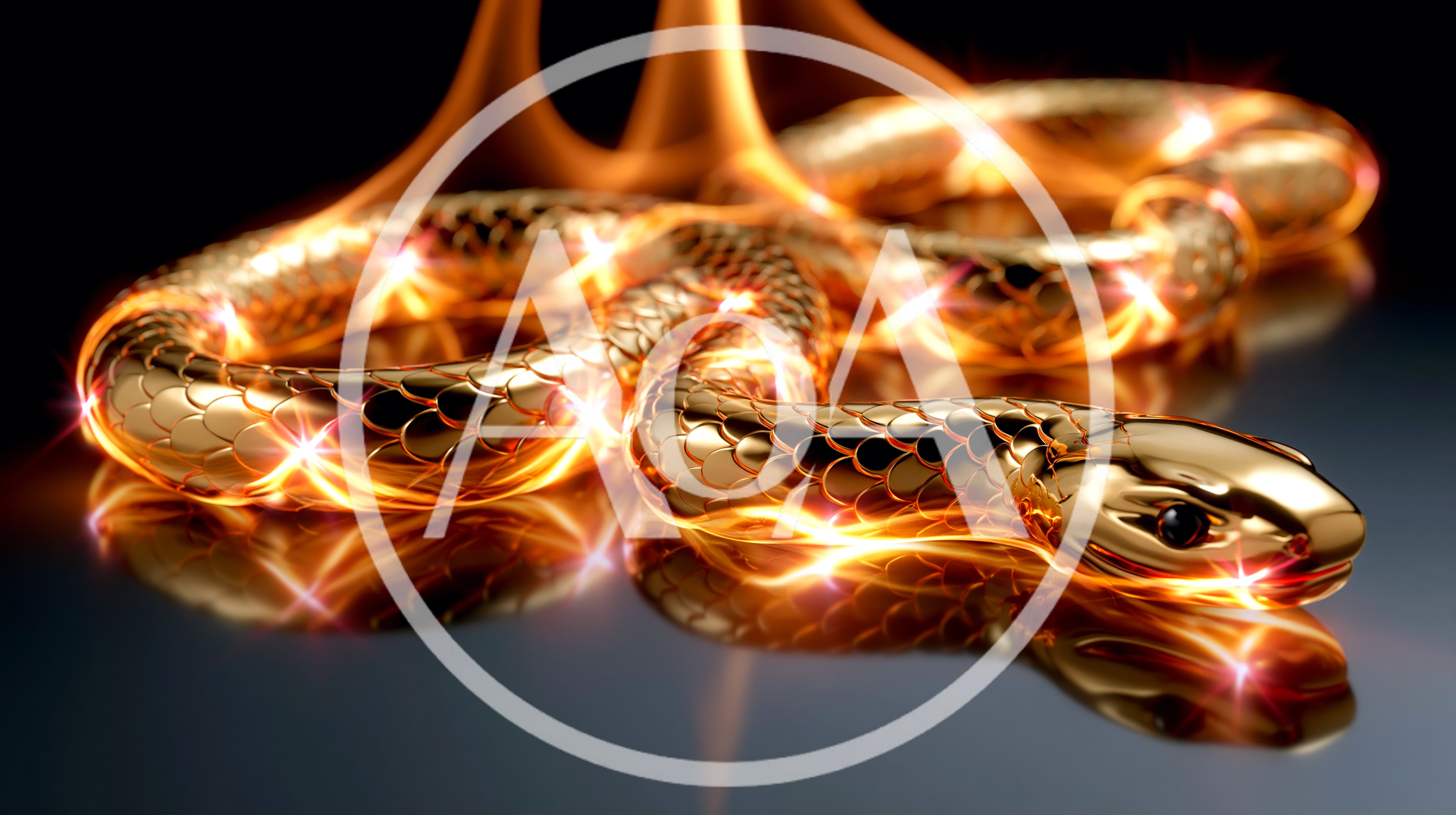 Golden Snake Coiled With Glowing Fire Effects