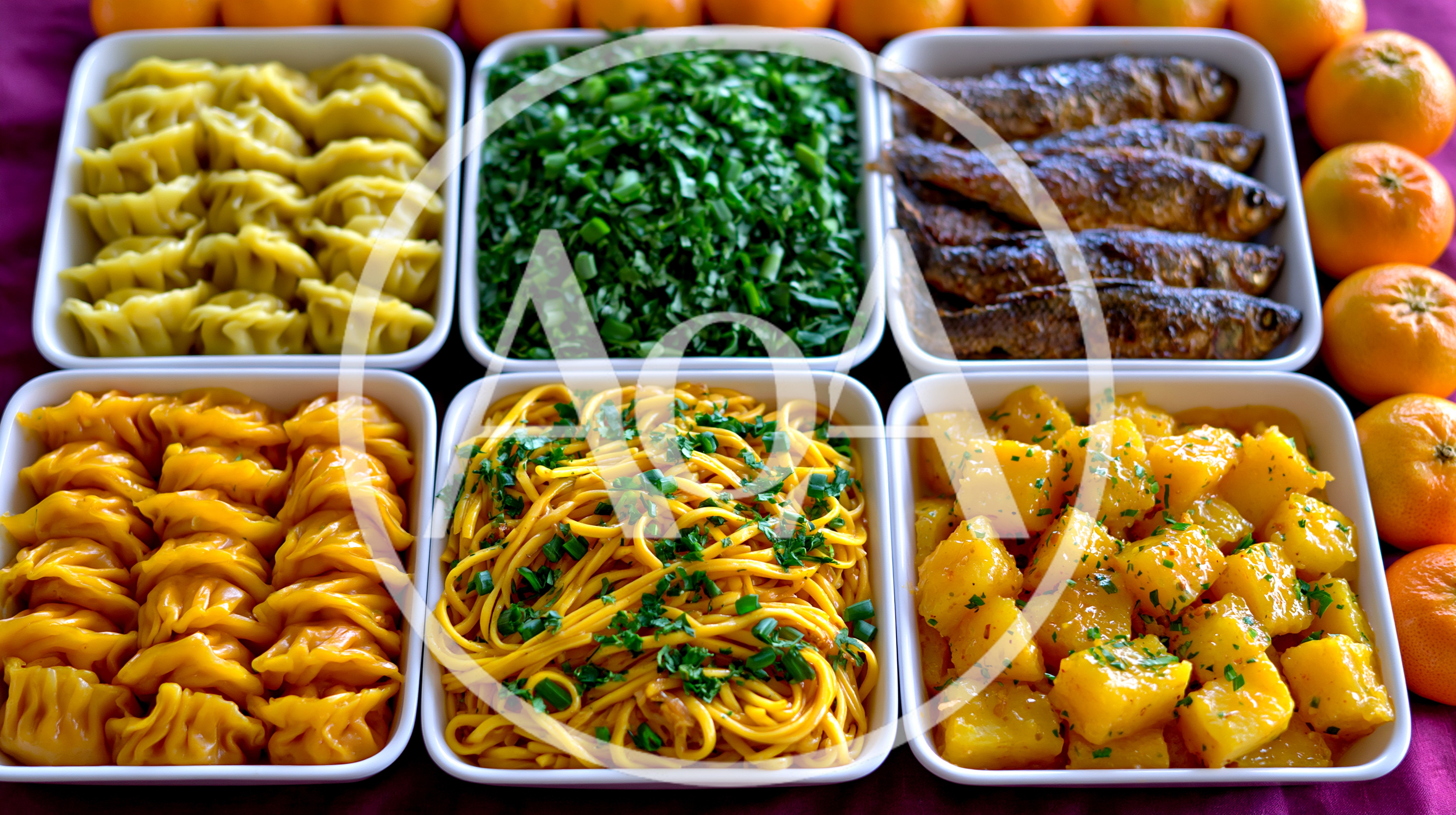 Assorted Dishes Served In White Rectangular Bowls