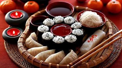Traditional Asian Dumplings And Sushi Platter