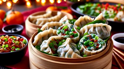 Steamed Dumplings In Bamboo Basket With Side Dishes