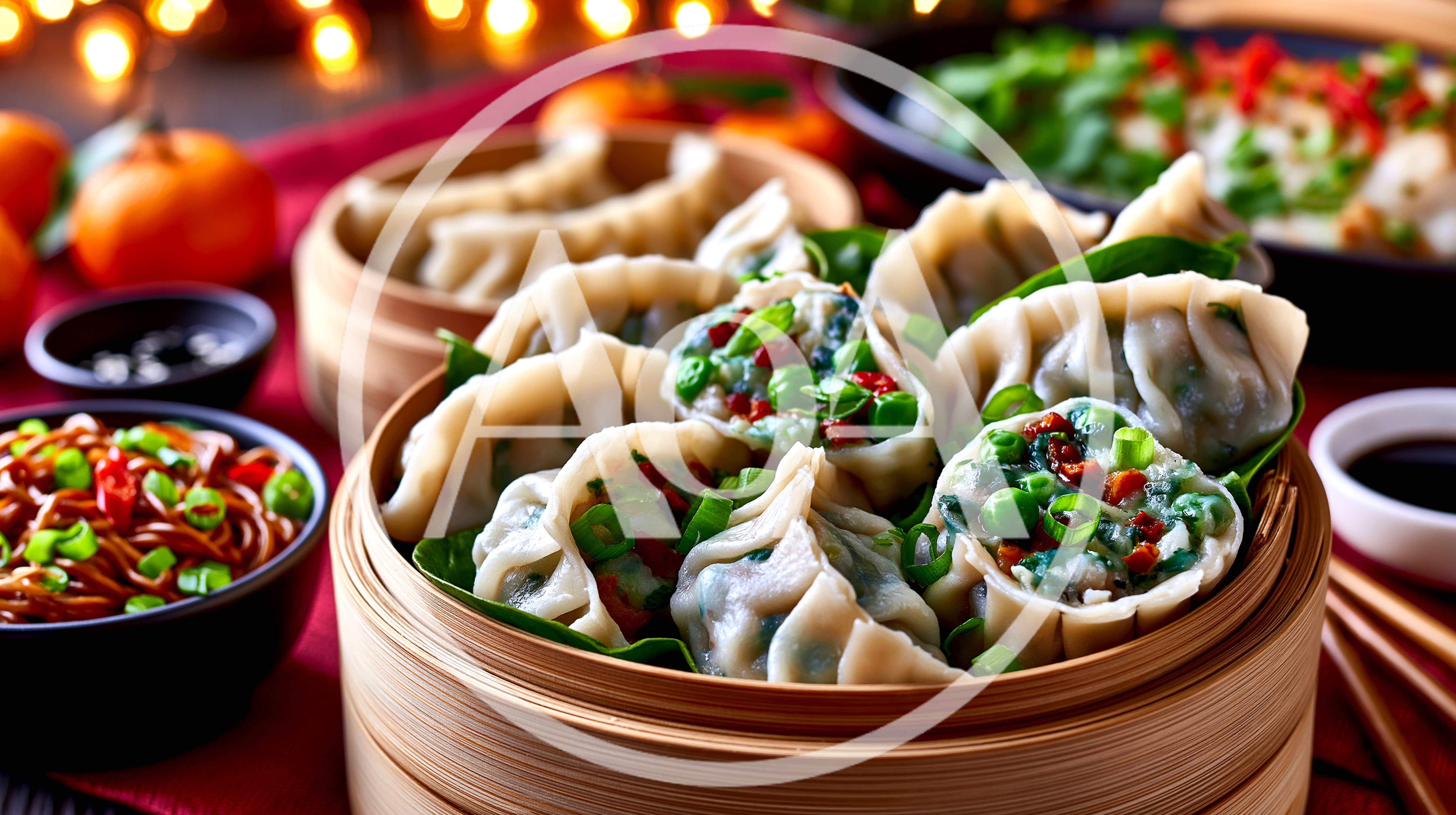 Steamed Dumplings In Bamboo Basket With Side Dishes