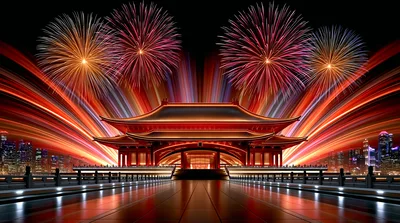 Traditional Chinese Pavilion With Fireworks Display