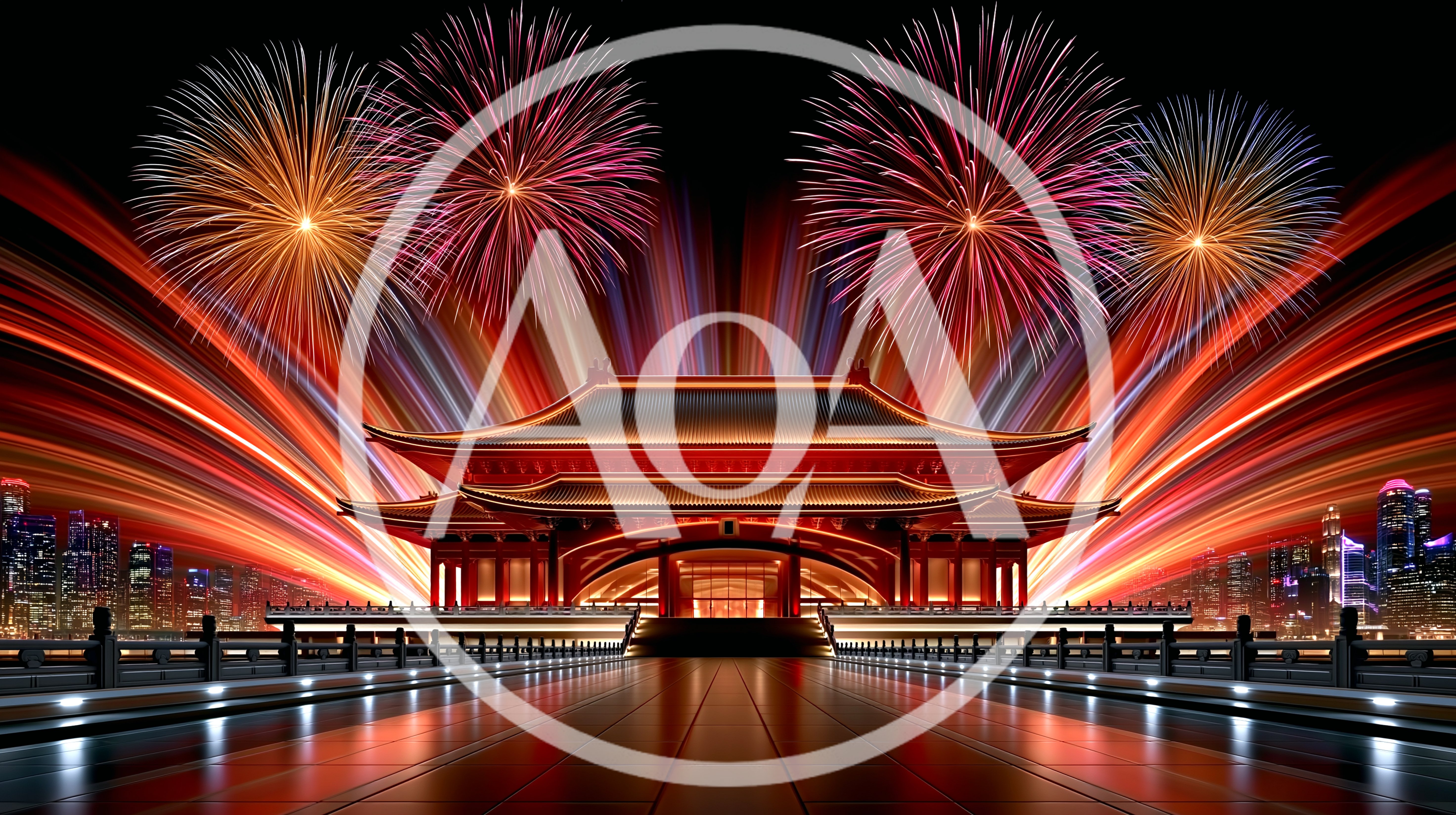 Traditional Chinese Pavilion With Fireworks Display