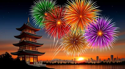Traditional Pagoda With Vibrant Fireworks Over City Skyline
