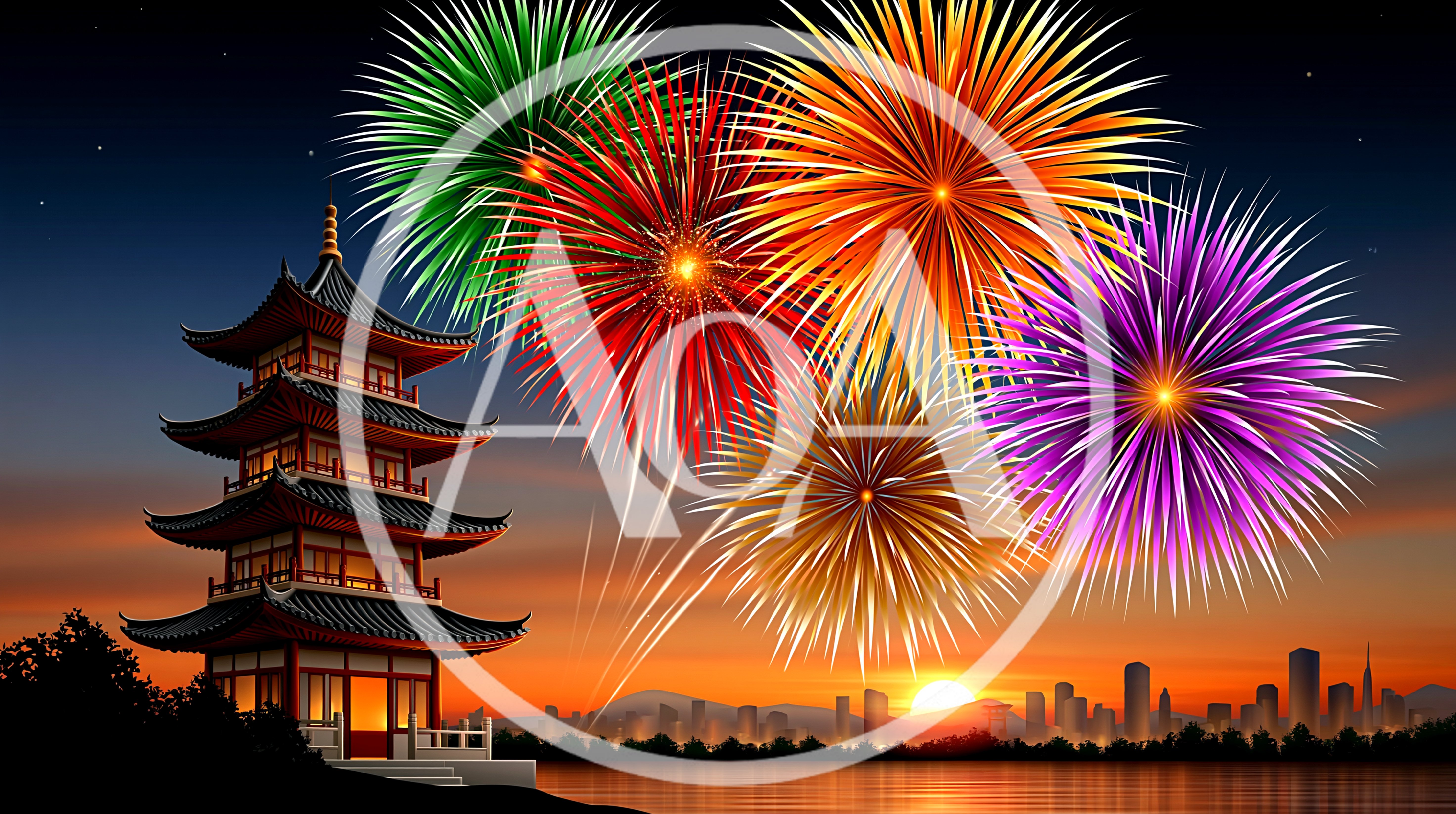 Traditional Pagoda With Vibrant Fireworks Over City Skyline
