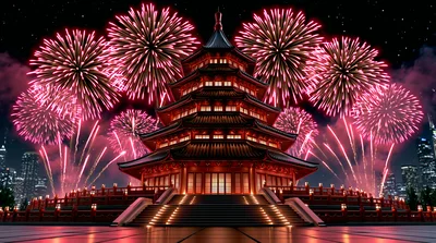 Traditional Chinese Pagoda With Fireworks Display