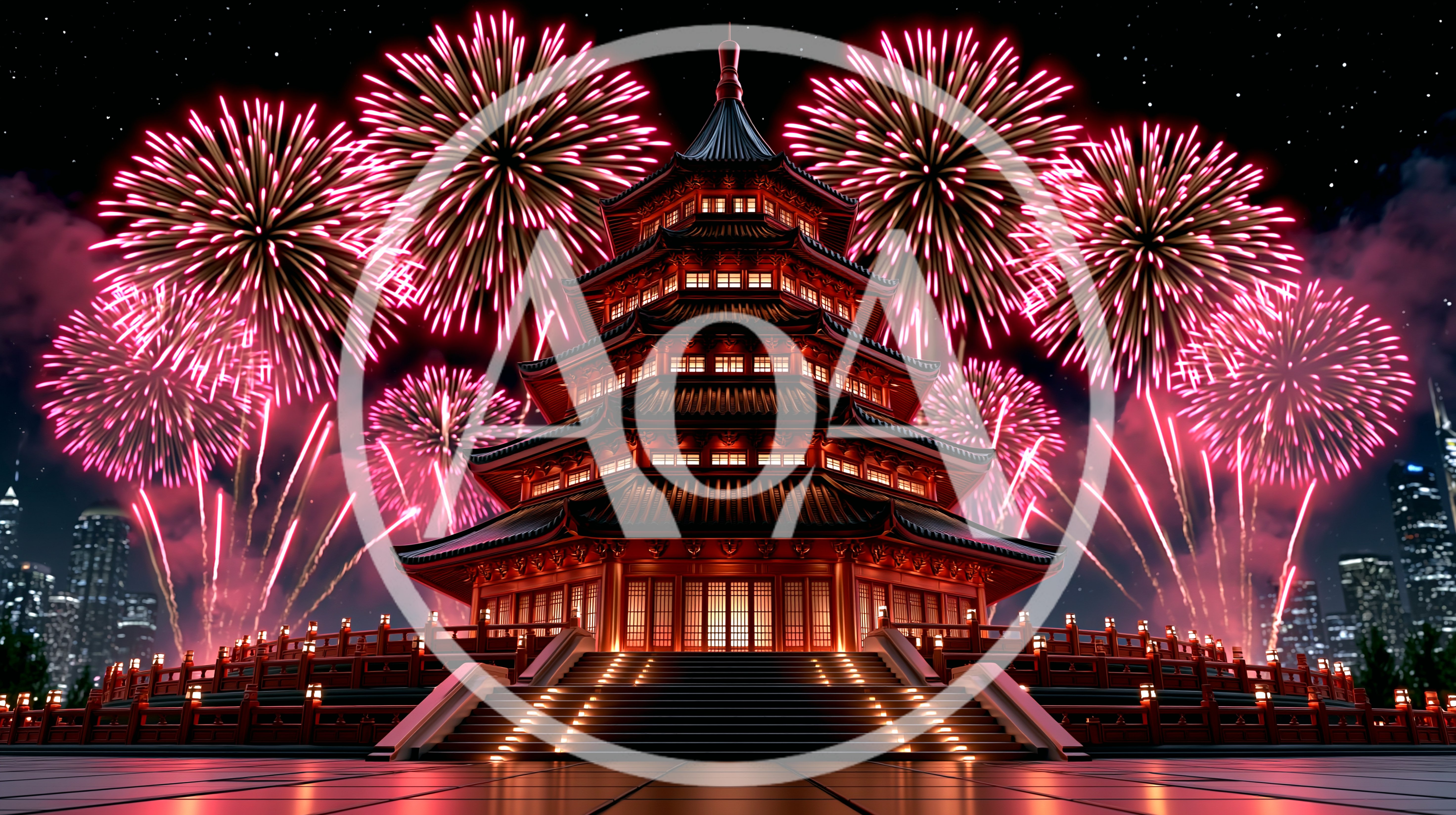 Traditional Chinese Pagoda With Fireworks Display