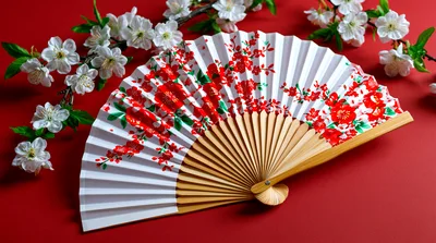 Traditional Chinese Folding Fan With Cherry Blossom Pattern
