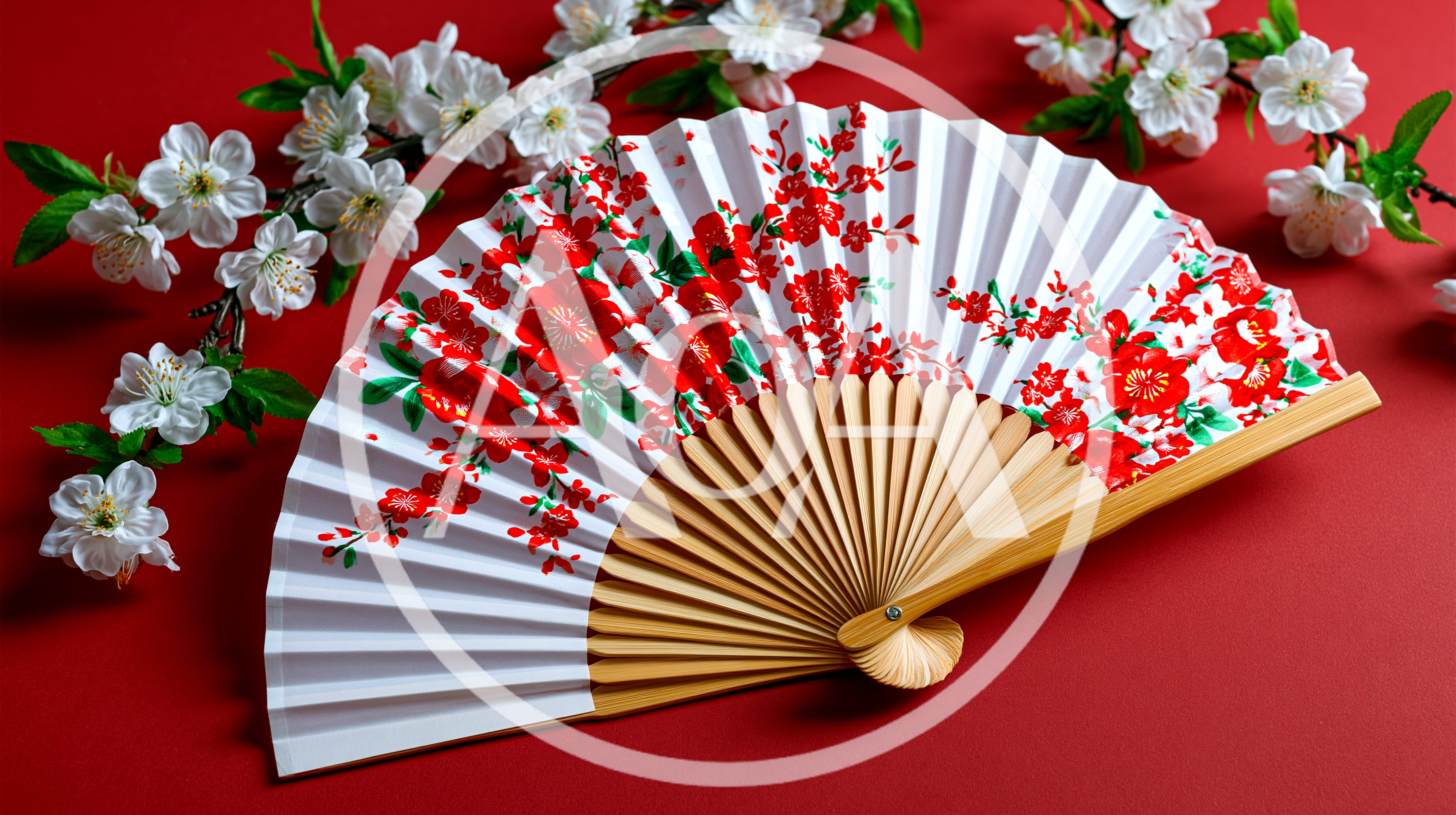 Traditional Chinese Folding Fan With Cherry Blossom Pattern