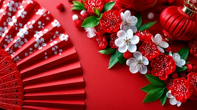 Chinese New Year Decoration With Fan And Flowers