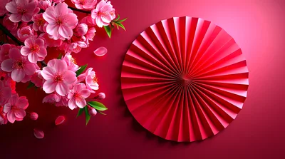 Pink Cherry Blossoms And Red Paper Fan