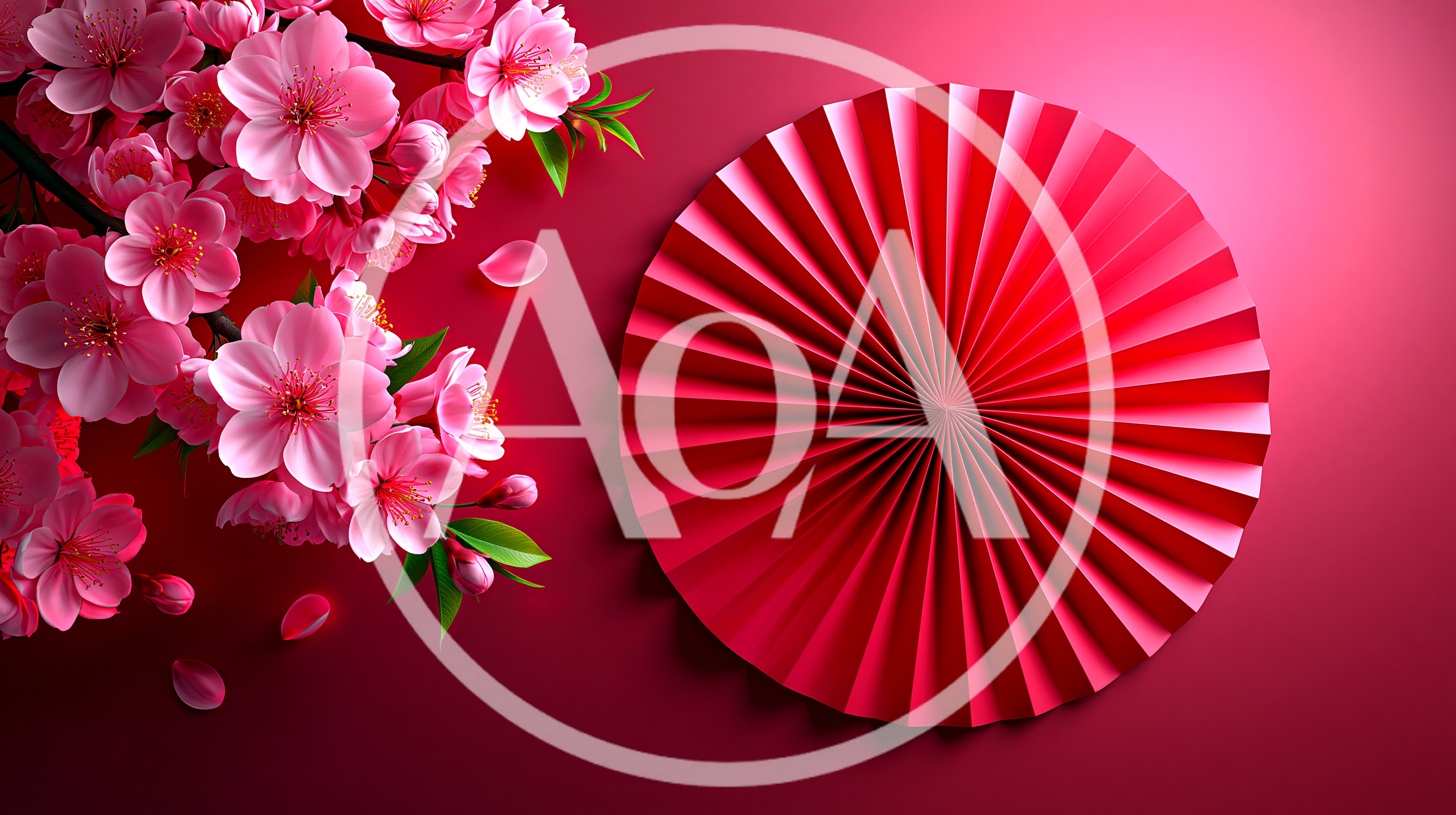 Pink Cherry Blossoms And Red Paper Fan