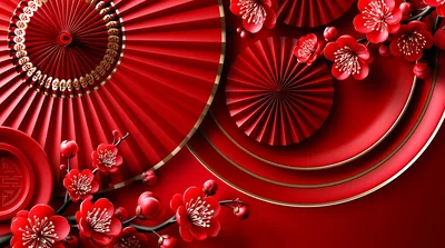 Chinese New Year Red Fan and Plum Blossom Background