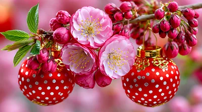 Red Polka Dot Christmas Ornaments With Pink Cherry Blossoms