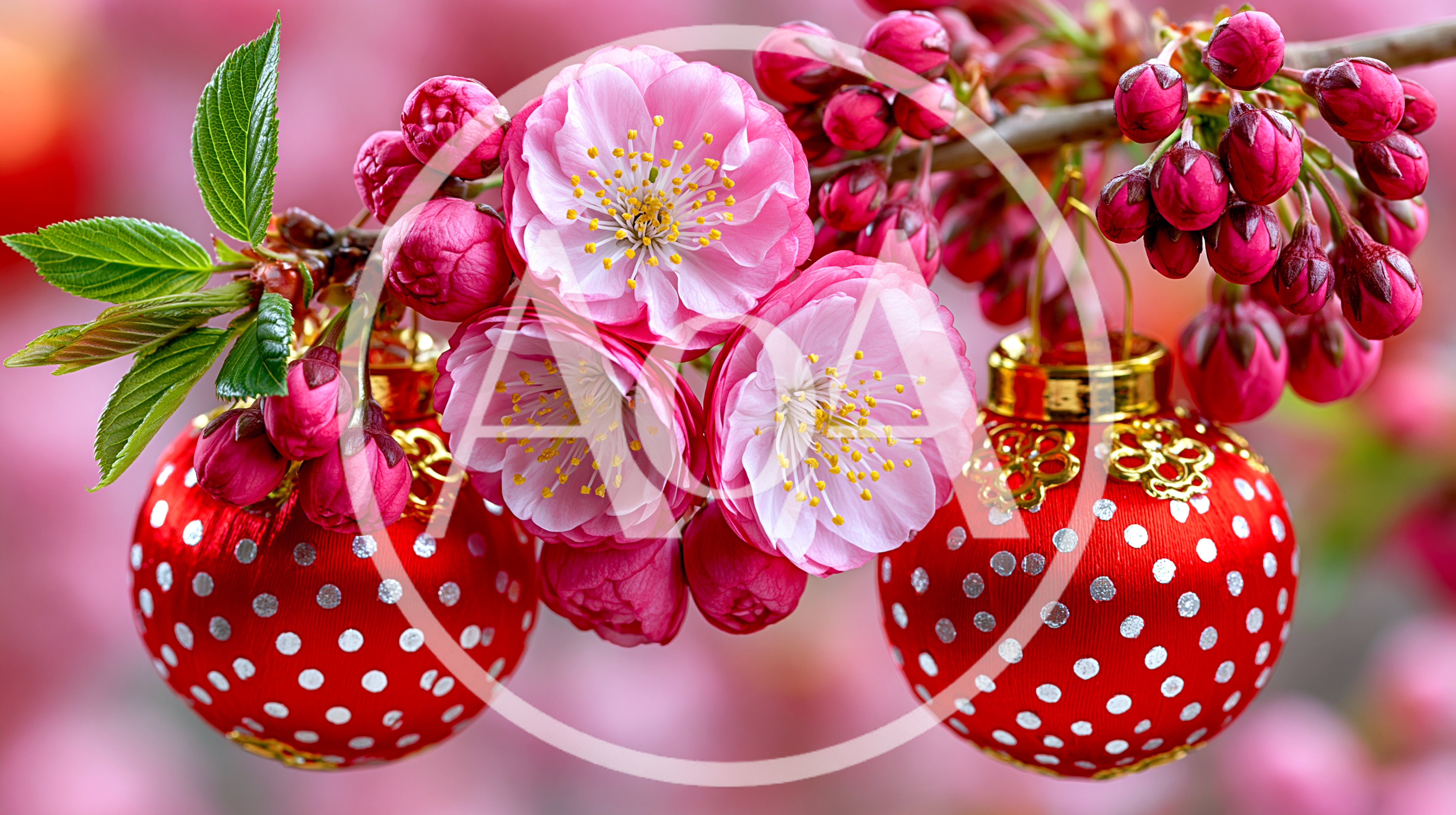 Red Polka Dot Christmas Ornaments With Pink Cherry Blossoms