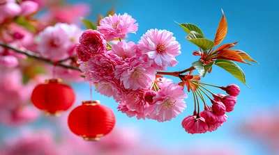 Pink Cherry Blossoms With Hanging Red Lanterns