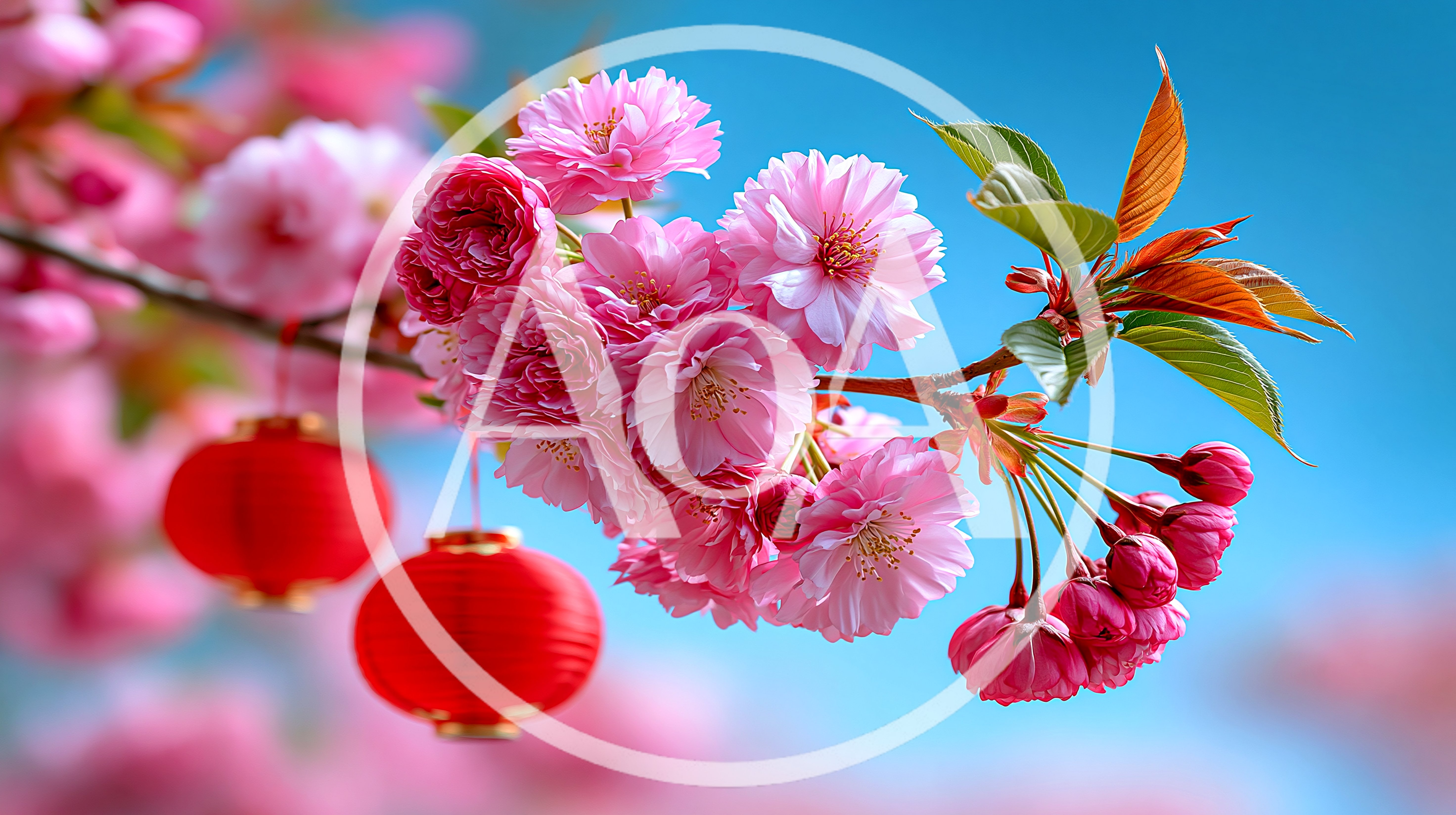 Pink Cherry Blossoms With Hanging Red Lanterns