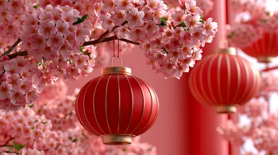 Red Chinese Lanterns Hanging Among Blooming Cherry Blossoms